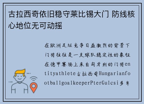 古拉西奇依旧稳守莱比锡大门 防线核心地位无可动摇